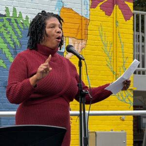 Fairfax County poet laureate Angelique Palmer kicks off the first Mason District Arts Festival with a reading, held on the grounds of the ACCA Child Development Center on October 11, 2025.