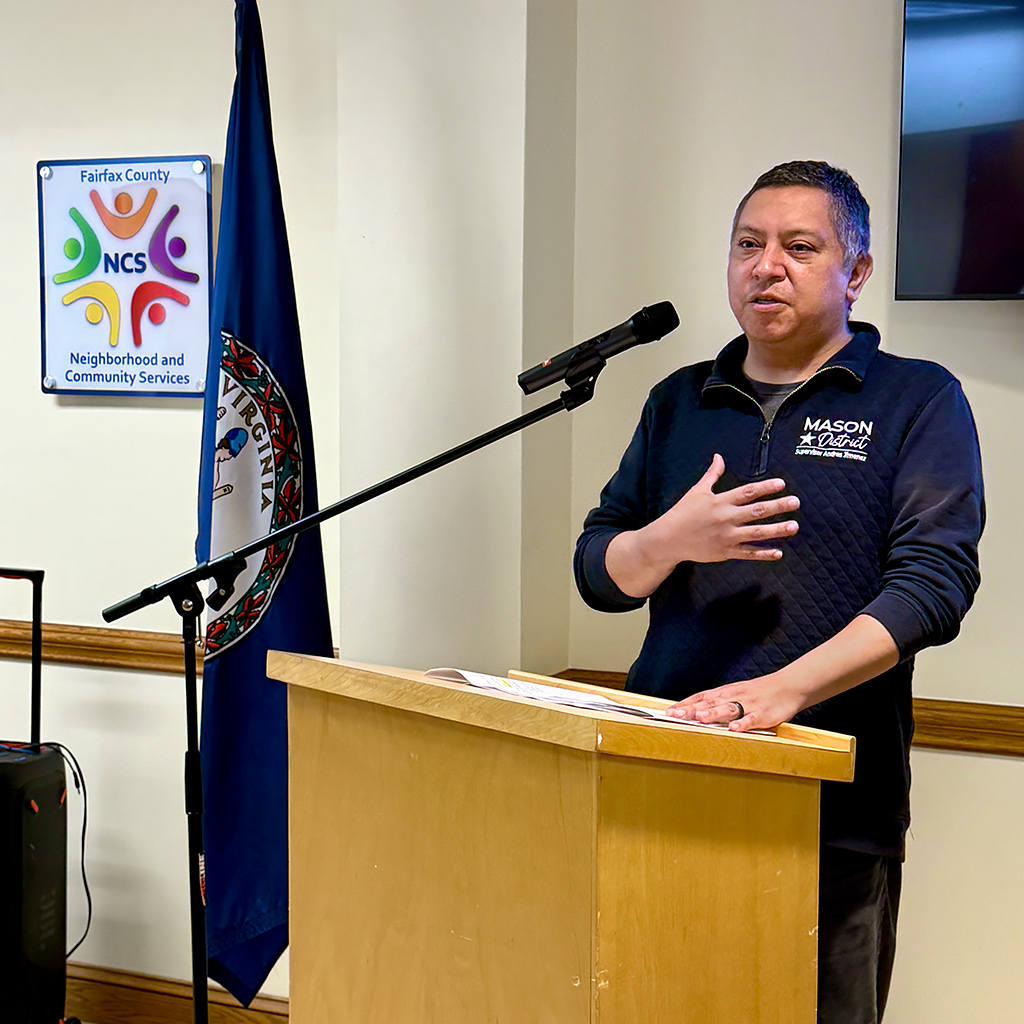Fairfax County Mason District Supervisor Andres Jimenez welcomes attendees.