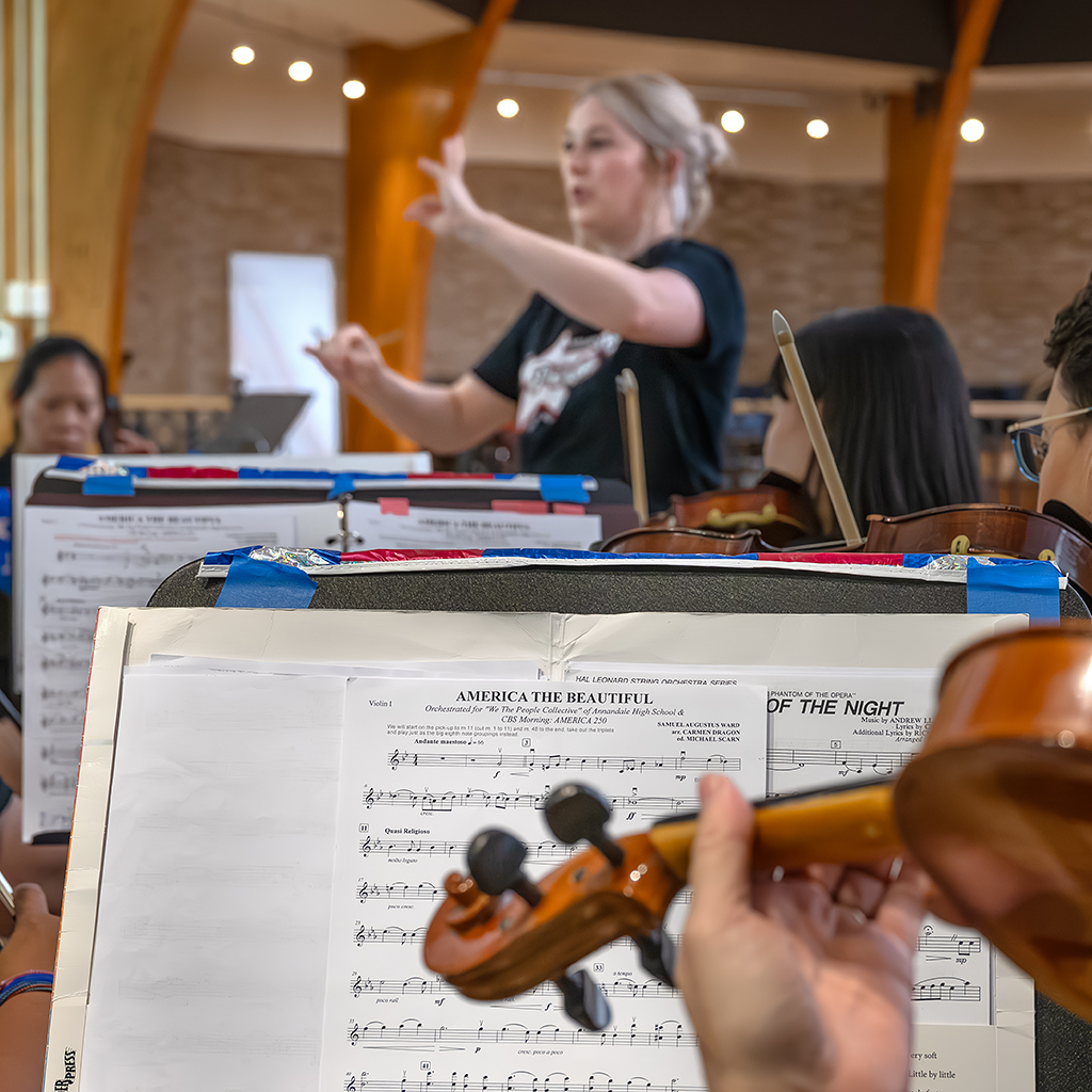 Annie Ray conducts the FACE Parent Orchestra during a performance of a special arrangement of "America the Beautiful" at the concert on June 13.