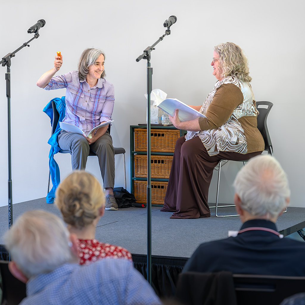 Jodi Smith and Jeannine Deem Purdy perform a reading of the one-act play “Life with Lightning.”