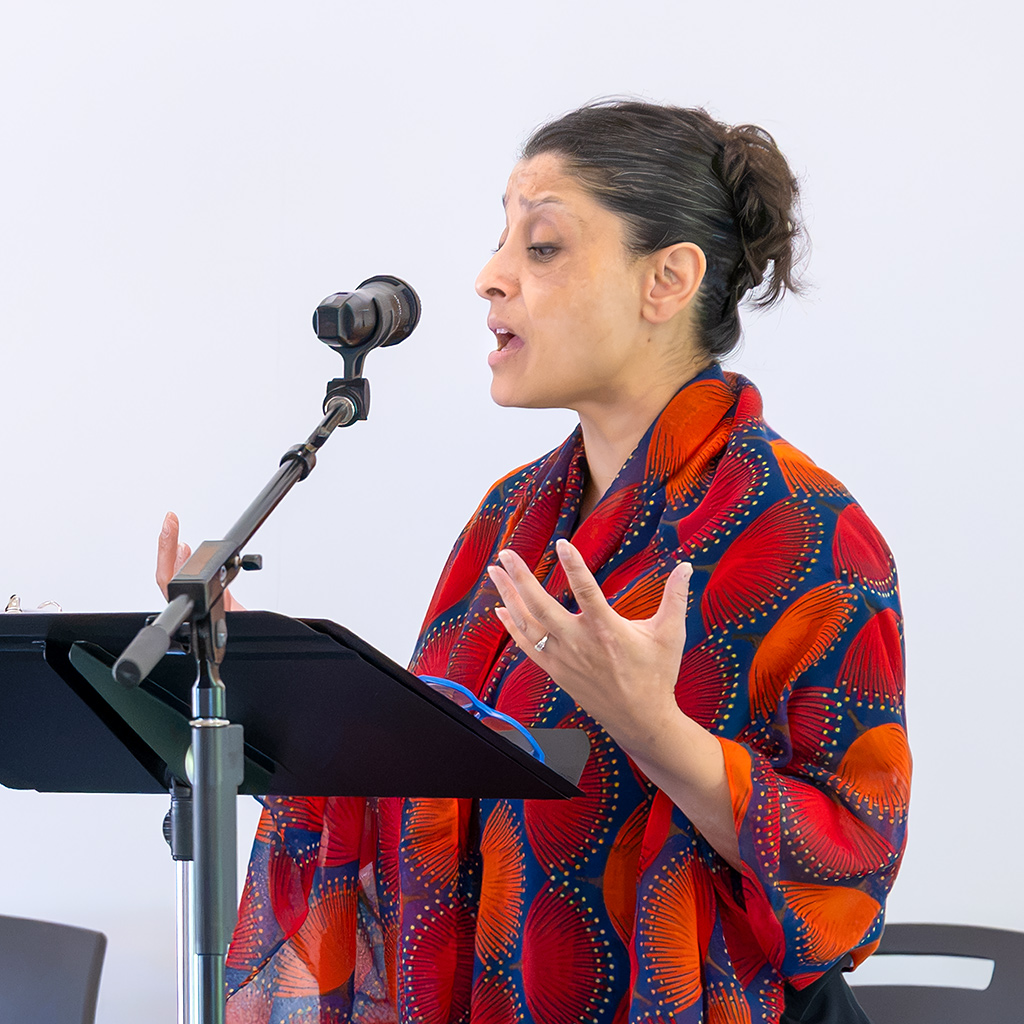 Mason Arts 250 one-act play and oratory event stage manager, Bharati Soman, performs as Judith Sargent Murray during a reading of “PASSAGES: Pamphleteer.”