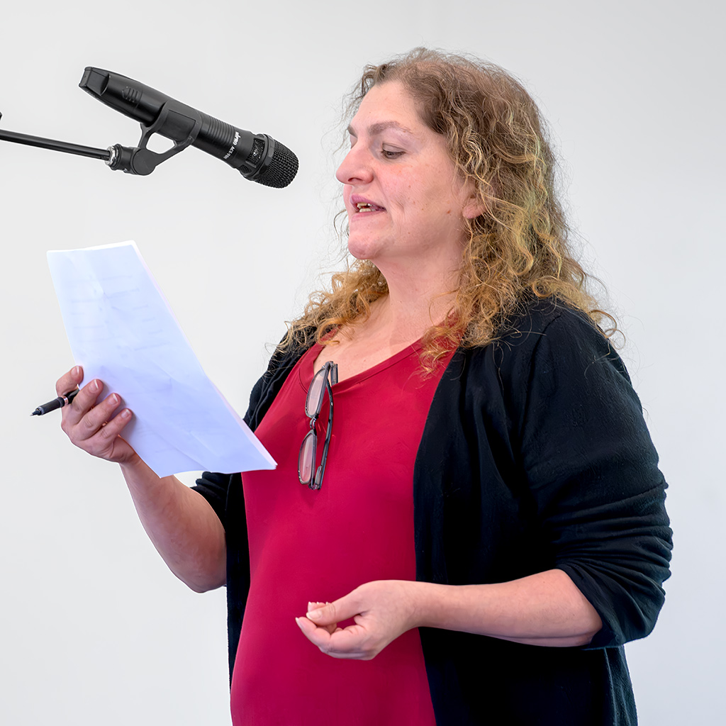 Playwright PJ Gross leads a reading of their one-act play, “CHOOSE.”