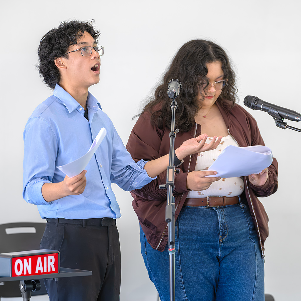 Jonah Dauer as a Teen Boy and Sibyl Dauer as a Teen Girl during a reading of the one-act play "CHOOSE."